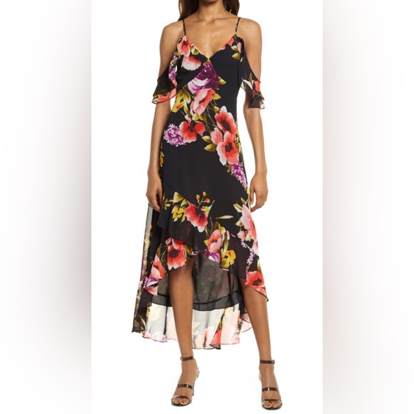 Lulu’s Love in Bloom Cold Shoulder Dress. Medium. Black/Floral. - Picture 1 of 6